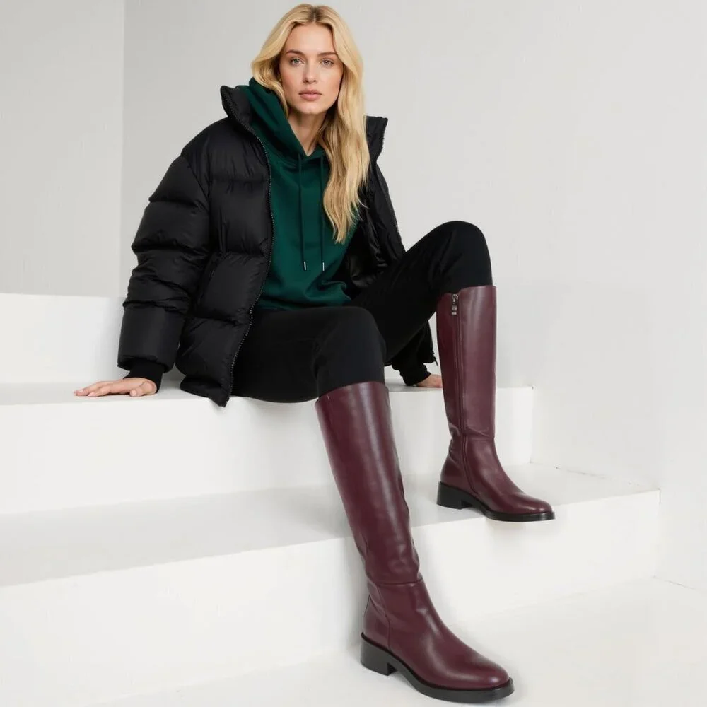 Women Polyurethane Burgundy Round Toe Flat Heel Side Zipper Knee High Tall Boots